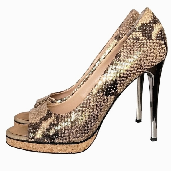 GUISEPPE Zanotti Peep-toe Pump Gold Snake Cork Platform Mirror Heels - Picture 1 of 9